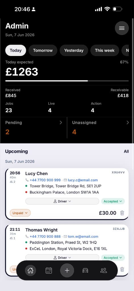 FleetPilot admin app showing today's expected revenue, live jobs, and upcoming bookings