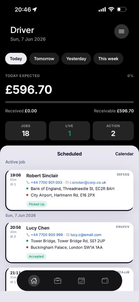 FleetPilot driver app showing earnings, active job, and scheduled trips